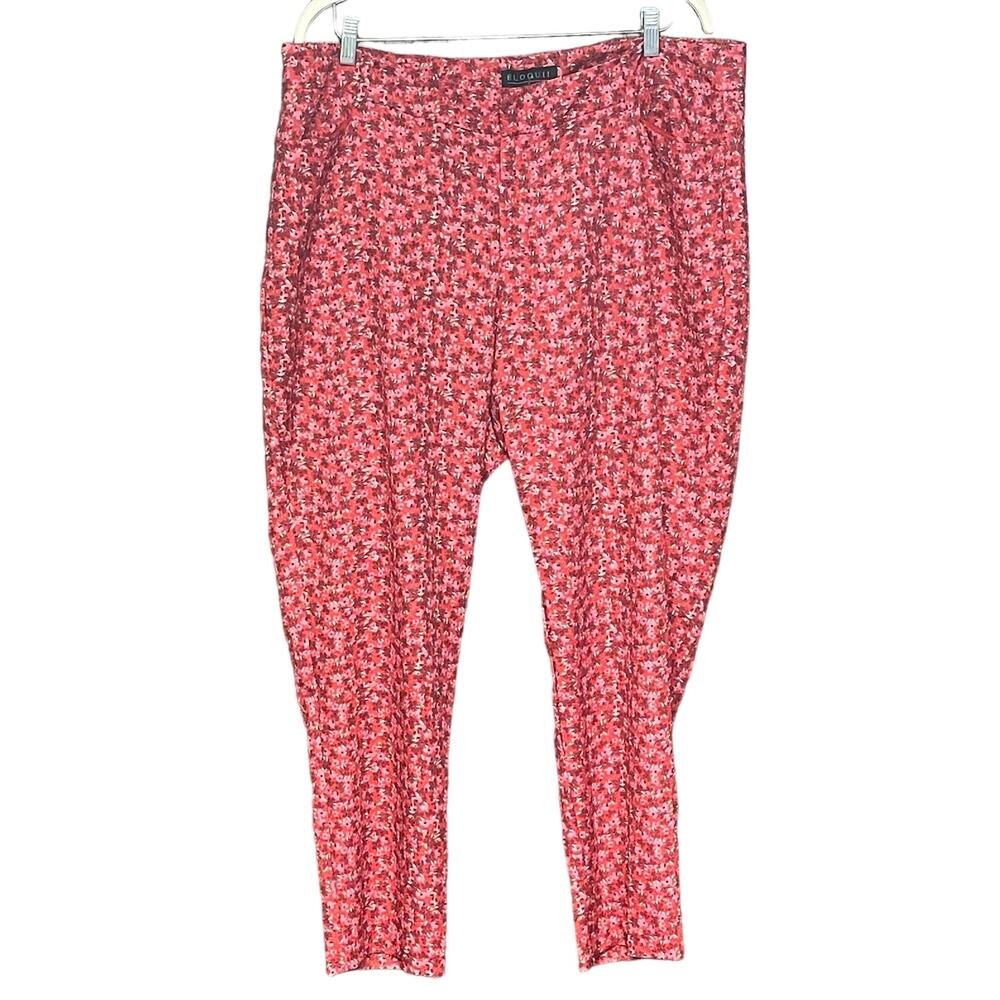 ELOQUII pants red floral lightweight zipper button hook pockets size 18